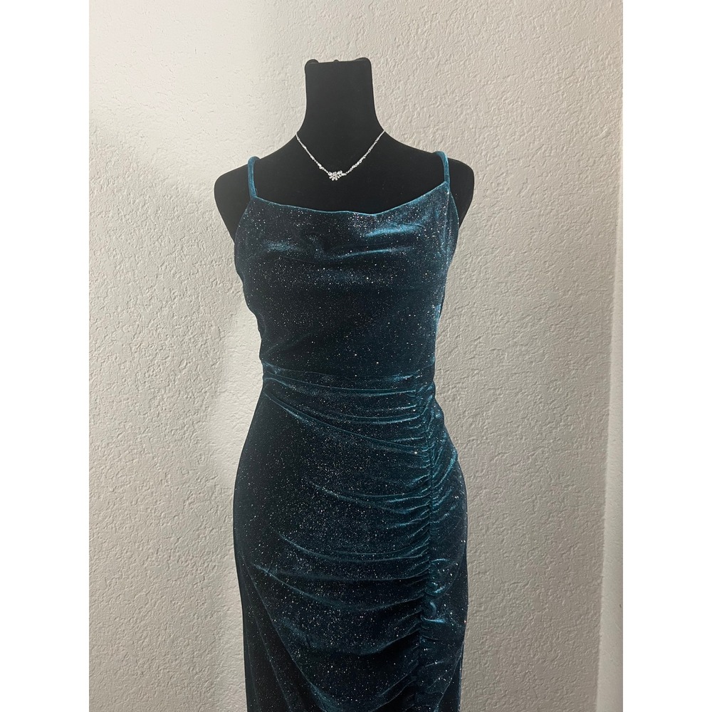 Teal Shimmer Velvet Cowl Neck Ruched Maxi Dress Formal Gown Sparkly Evening Wear
